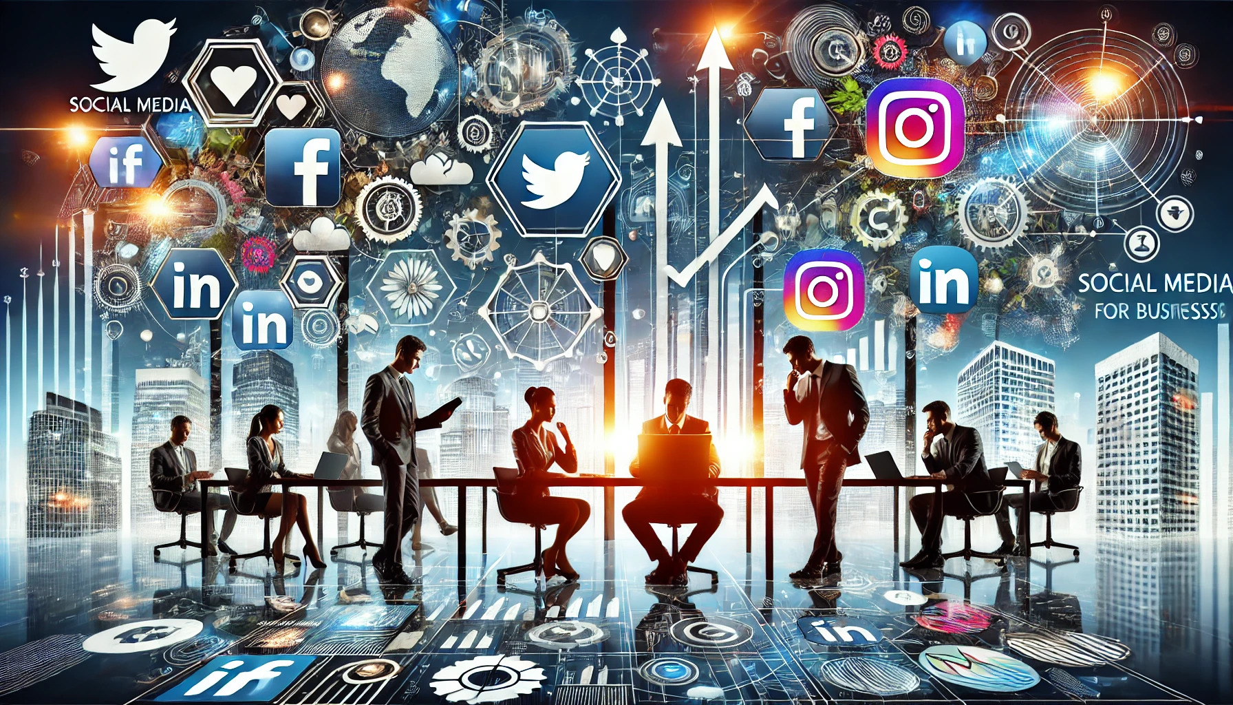 Een dynamische illustratie van social media voor bedrijven, waarin strategische inzet voor succes wordt getoond. De afbeelding toont een moderne kantooromgeving met professionals die samenwerken rond een tafel, laptops en tablets met social media-analyses en strategieën. Op de achtergrond zijn verschillende social media-iconen te zien, zoals Facebook, Twitter, LinkedIn en Instagram, verbonden met pijlen en grafieken die groei en betrokkenheid symboliseren. Het thema benadrukt teamwork, innovatie en effectieve communicatie in een zakelijke omgeving. De kleurenschema is levendig met een professionele toon.