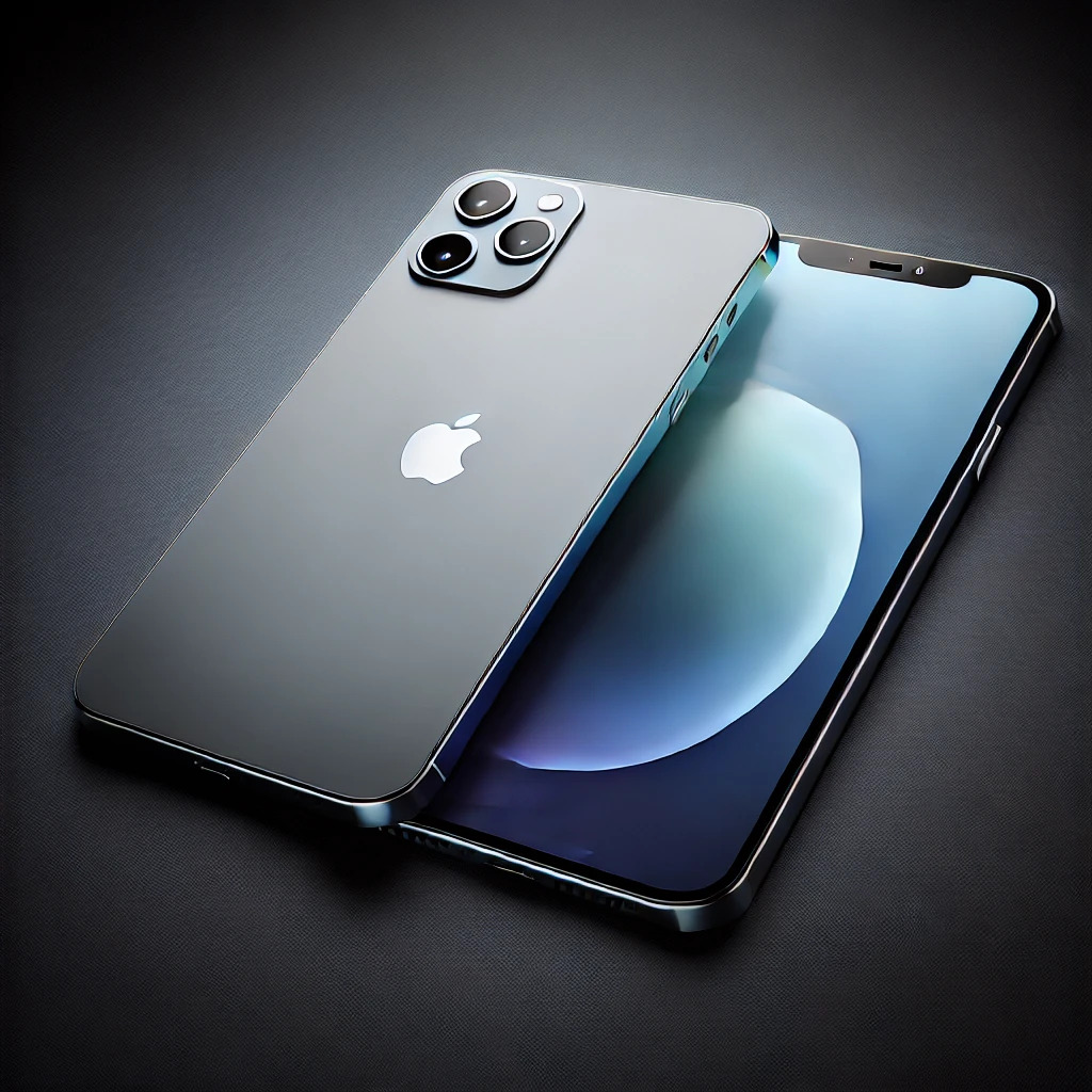 Conceptuele afbeelding van de verwachte iPhone 16 met een strak en minimalistisch ontwerp. Het toestel heeft een randloos display, een vlakke roestvrijstalen rand, en een achterkant van mat glas. De cameraopstelling bestaat uit vier lenzen in een vierkant module aan de linkerbovenhoek. Het toestel is dun en heeft een kleurverloop van diepblauw aan de onderkant naar zilver aan de bovenkant, met een reflecterend Apple-logo in het midden van de achterkant.