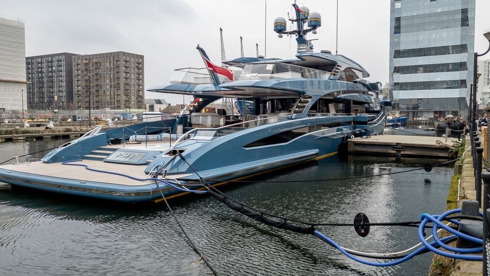 The super yacht PHI Valletta in West Indian Dock, Canary Wharf. Owned by a unknown Russian billionaire seized by the British government.