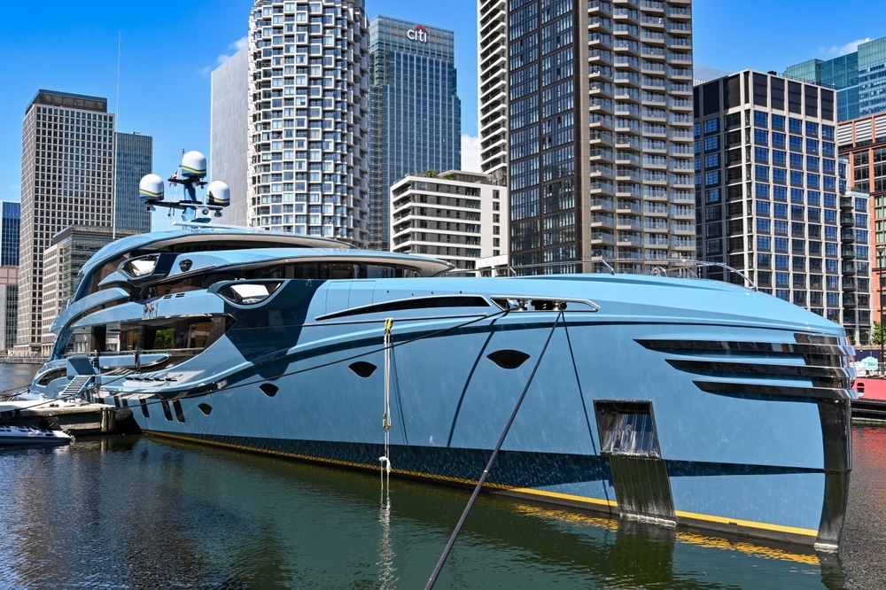 Luxury super yacht Phi moored in Canary Wharf. The boat is owned by a Russian billionaire and is reported to have been seized by the National Crime Agency