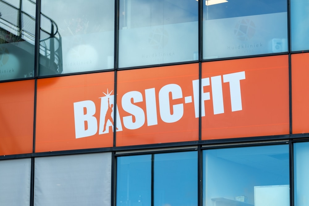 Basic-Fit logo at the soccer stadium gym. Basic-Fit is the largest fitness chain in Europe.