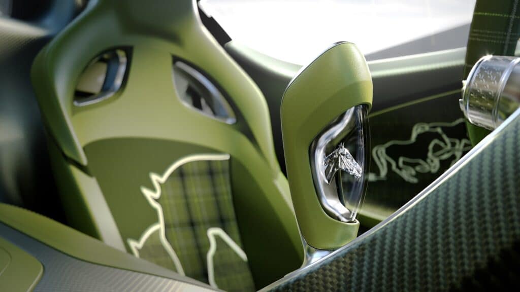 The gear shifter is machined from a single block of aluminum and features a glass insert containing a miniature hand-crafted sculpture of Ettore’s favored horse and this car’s namesake