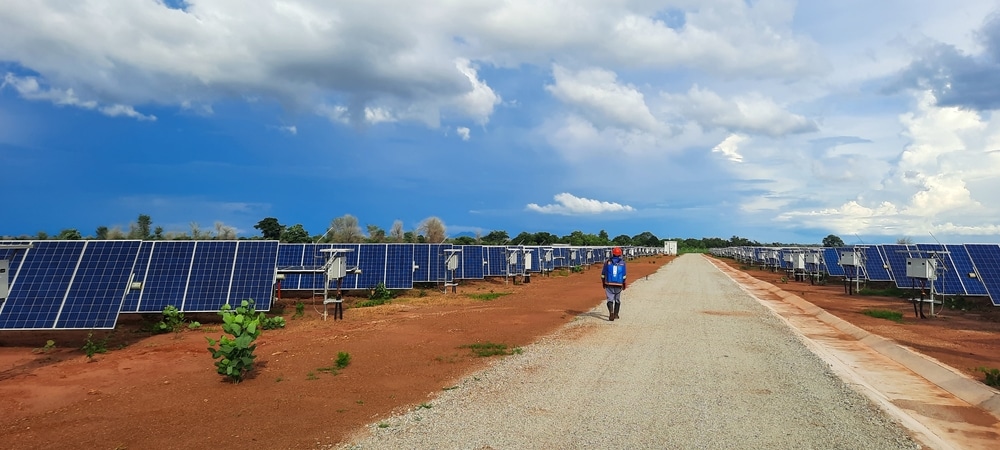 person working on vegetation control on solar site. Chinese zonnepanelen