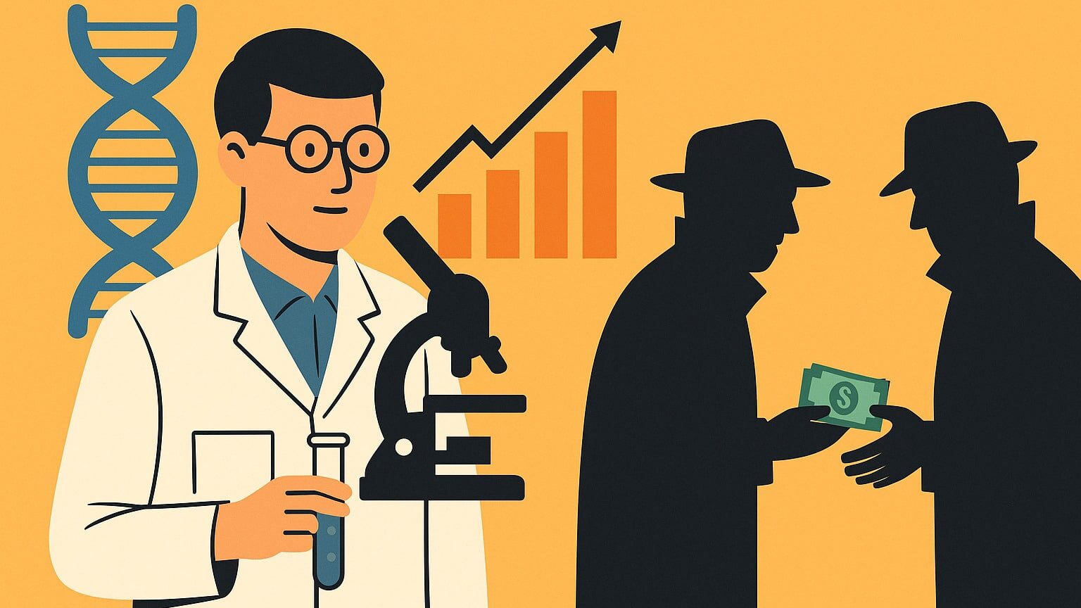 Illustratie van een wetenschapper met microscoop en reageerbuis, naast twee schimmige figuren die geld uitwisselen, symbool voor de zwarte markt in wetenschap.
