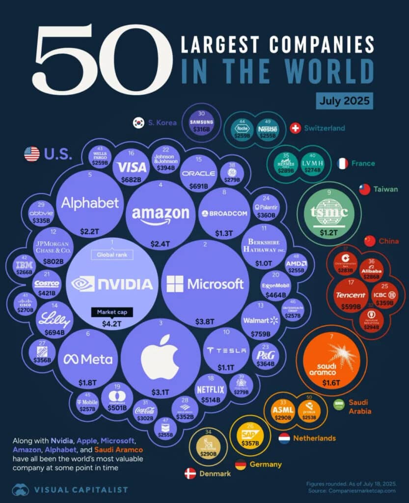 Visualisatie van de 50 grootste bedrijven ter wereld in juli 2025, gerangschikt op beurswaarde. Nvidia staat centraal met $4,2 biljoen, gevolgd door Microsoft, Apple, Amazon en Alphabet. De meeste bedrijven zijn Amerikaans; Europese, Aziatische en andere internationale spelers zoals TSMC, Saudi Aramco, SAP en ASML zijn kleiner weergegeven. De grootte van elke cirkel weerspiegelt de marktwaarde per bedrijf.