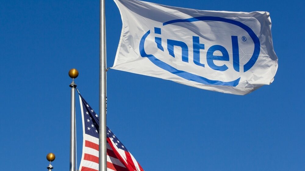 Intel flag is seen at Intel's headquarters campus in Santa Clara, California. Intel is one of the world's largest semiconductor chip manufacturers by revenue.