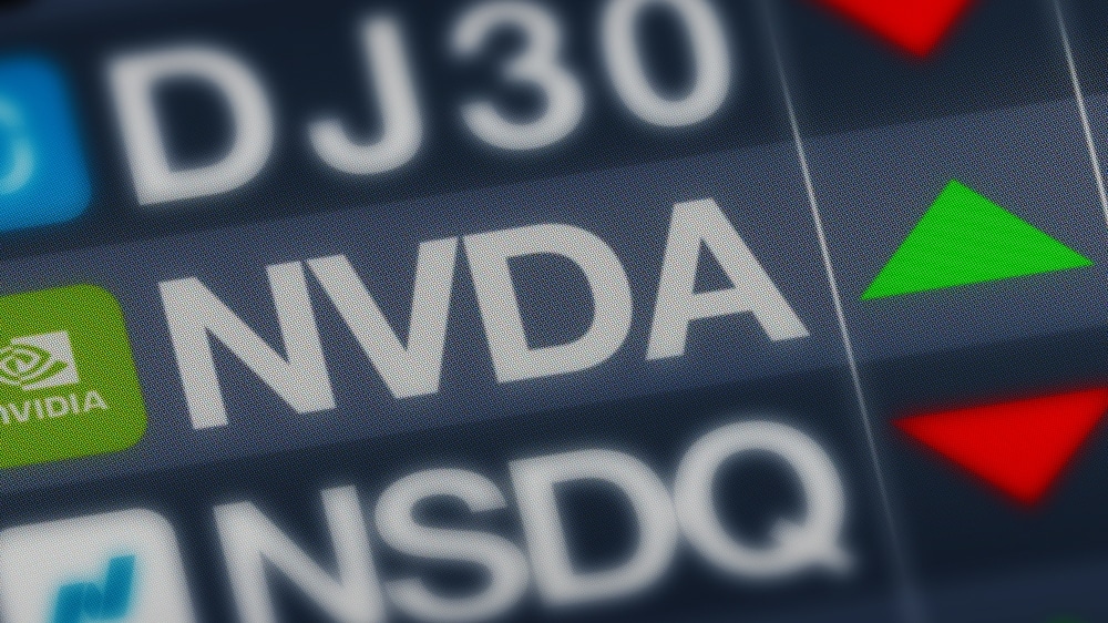 Nvidia stock or shares trade upward. Nvidia financial success and profit. Stock exchange market concept