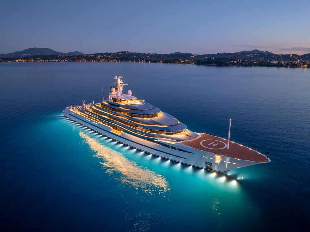 Kaos luxury Mega Yacht anchored on corfu island, Greece. Kaos is a 110m super yacht worth $300M