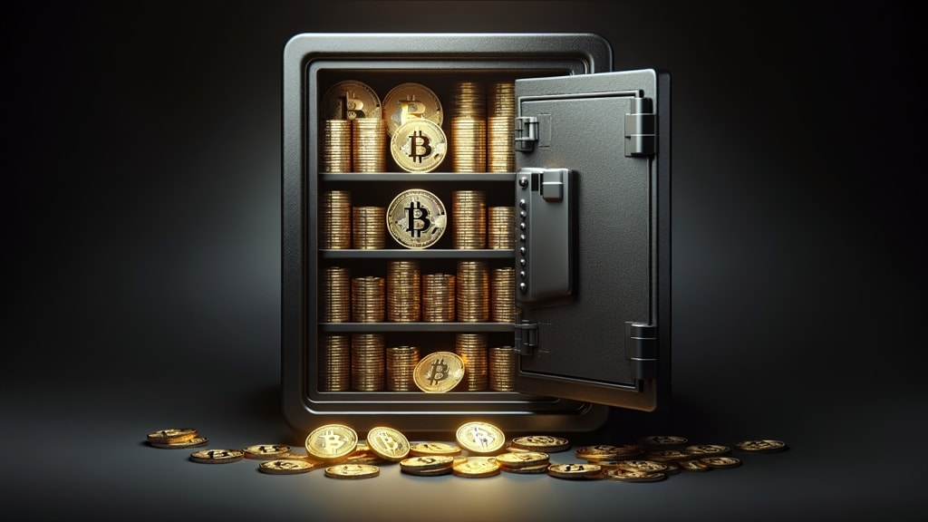 a black safe filled with crypto coins on a black background
