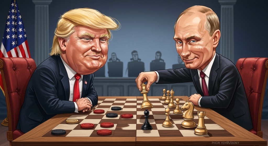 Trump en Poetin, maar Poetin gebruikt schaakstukken in plaats daarvan. Maak alle stukken van Donald Trump dammen en alle stukken van Poetin schaken stukken. Een sinistere grijns op Poetins gezicht.