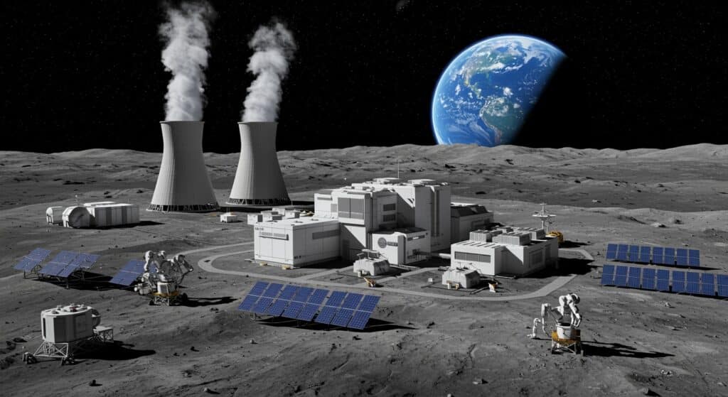 nuclear plant on the Moon with Earth in the background 