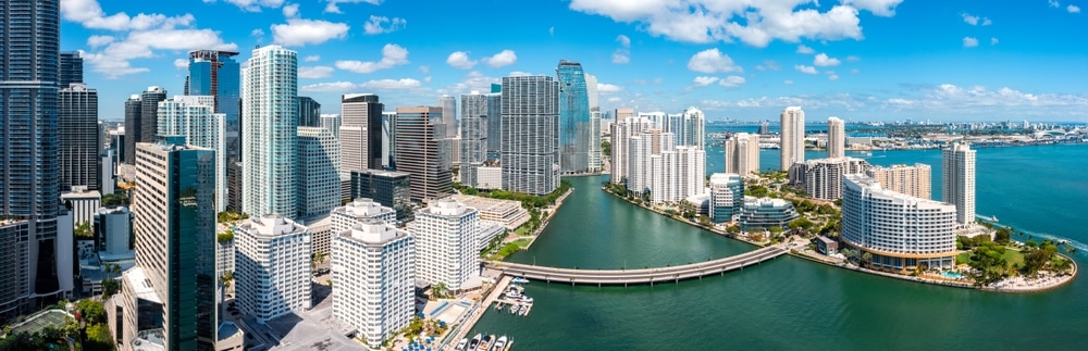 Aerial panorama of Miami, Florida. Miami is a majority-minority city and a major center and leader in finance, commerce, culture, arts, and international trade.