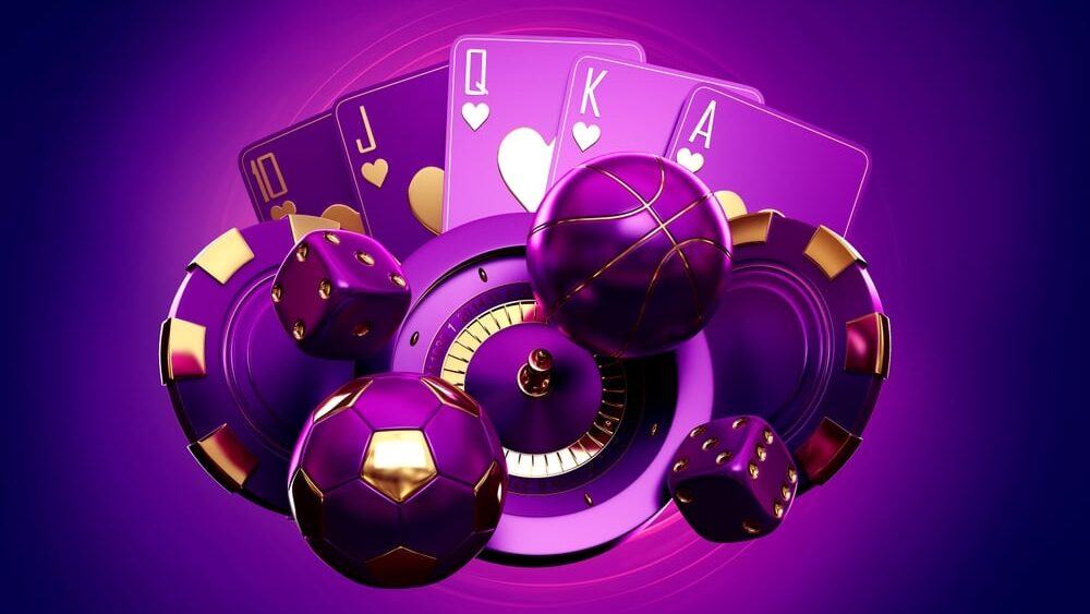 casino betting gambling mix slot machine roulette set card soccer football basketball balls banner 3d render 3d rendering illustration 