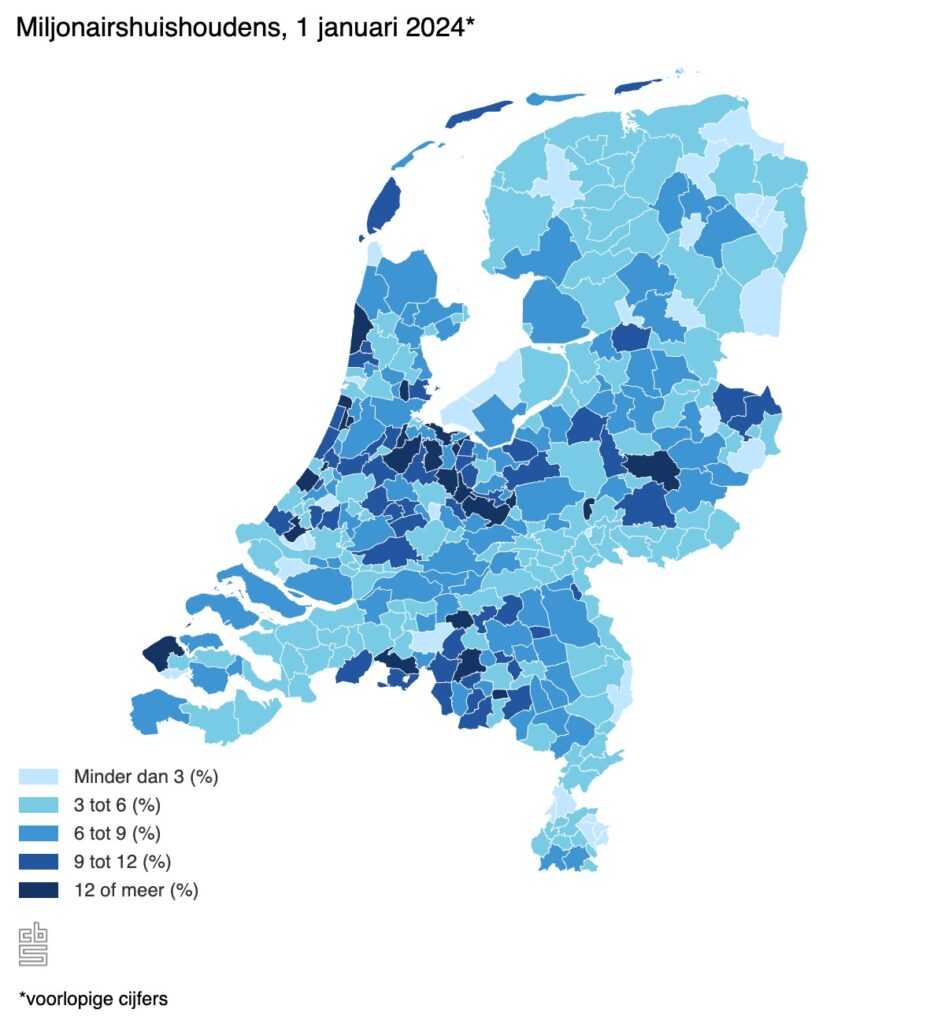 Aandeel miljonairshuishoudens per gemeente, 2024 (voorlopige cijfers).