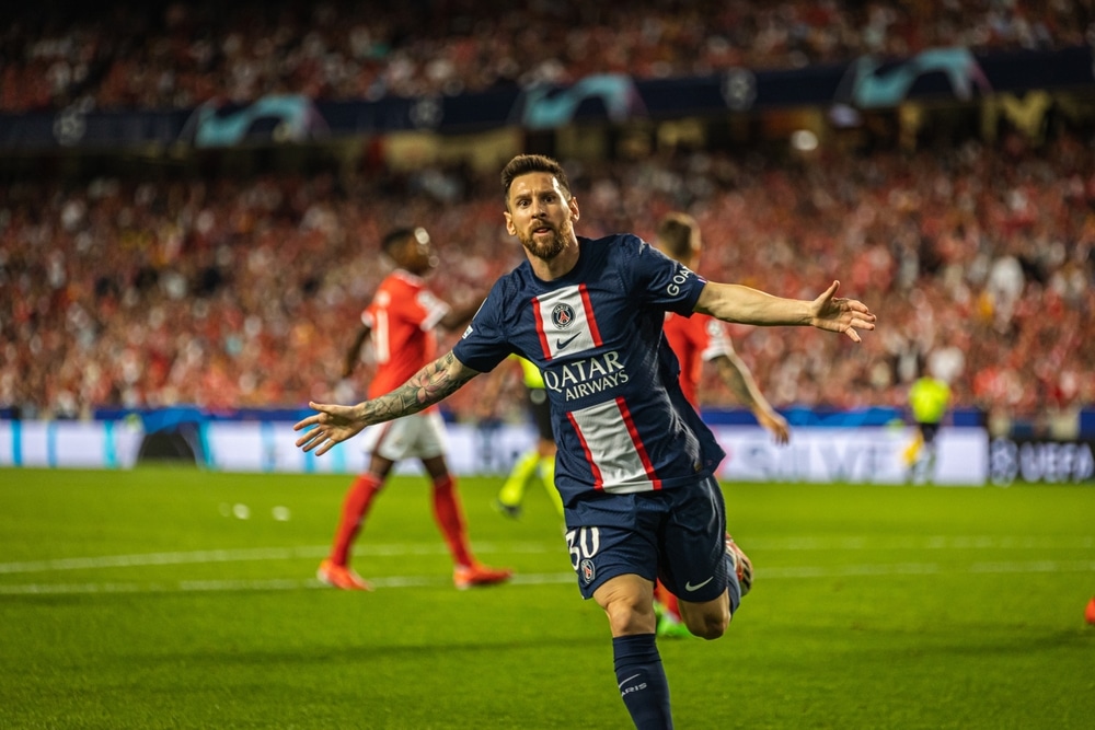 Lisbon, Portugal - 10 05 2022: UCL Game between SL Benfica and Paris Saint-Germain F.C; Lionel Messi celebrates after scored goal