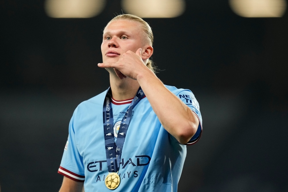 Erling Haaland of City and Norway celebrates winning the UEFA Champions League 22-23 final match between FC Inter and Manchester City FC at Atatuerk Olympic Stadium on June 10, 2023 in Istanbul Turkey