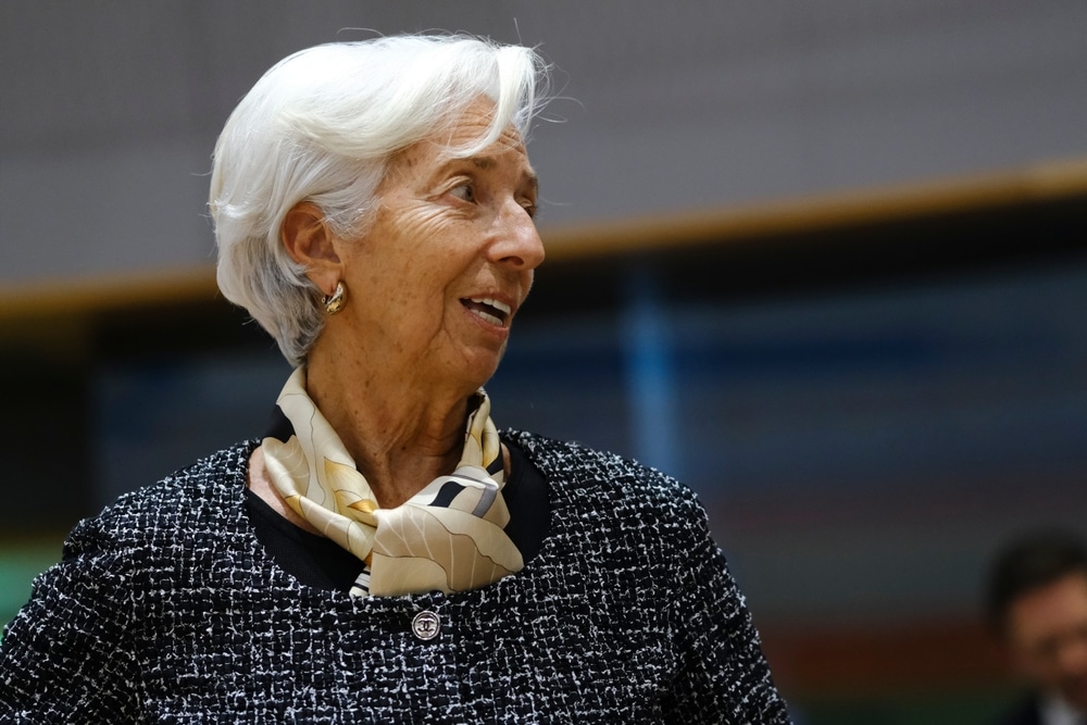 Christine Lagarde, president van de Europese Centrale Bank aan het begin van de vergadering van de ministers van Financiën van de eurozone in Brussel,