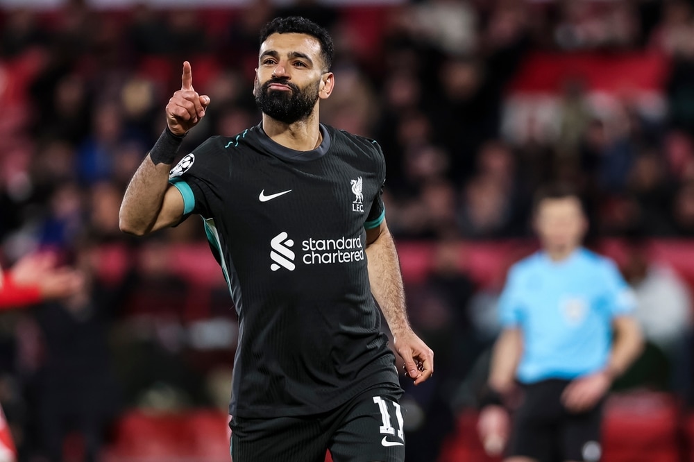 Mohamed Salah van Liverpool FC viert een doelpunt tijdens de UEFA Champions League, wedstrijd tussen Girona FC en Liverpool FC op Estadi de Montilivi op 10 december 2024 in Girona, Spanje.