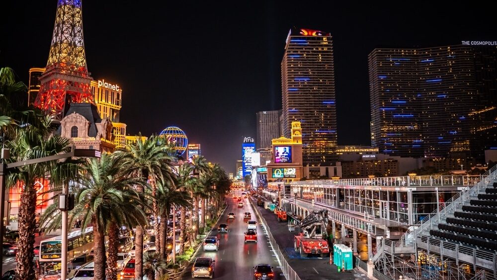 Main street Las Vegas Boulevard "The Strip" area during preparing road, stands and lights by Formula 1 what will takes on November 2023 year in Las Vegas, Nevada