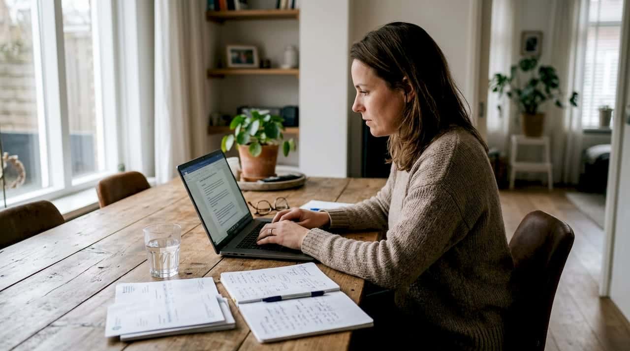 Een ondernemer zit thuis aan de keukentafel te werken aan zijn bedrijfsplan.