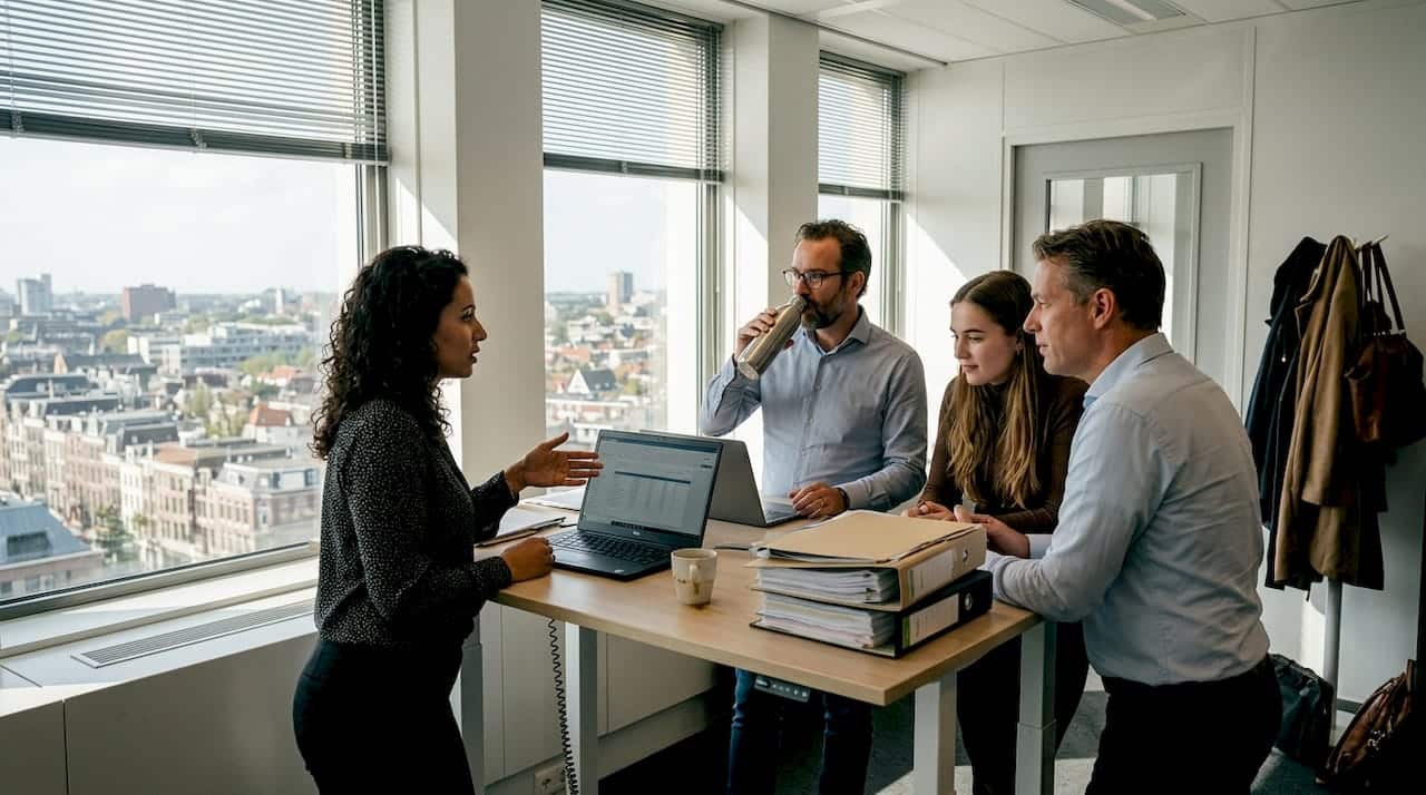 Nederlandse collega’s overleggen samen aan de projecttafel op kantoor.