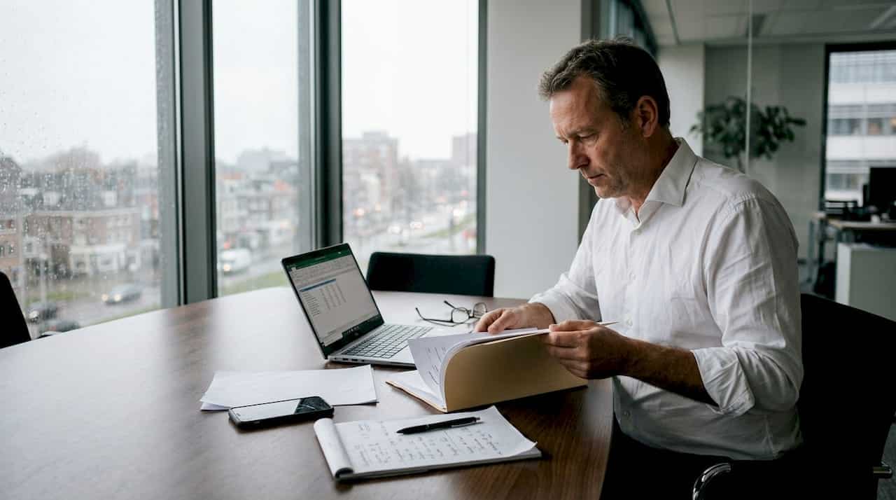 Een ondernemer bladert door belangrijke documenten aan de vergadertafel.
