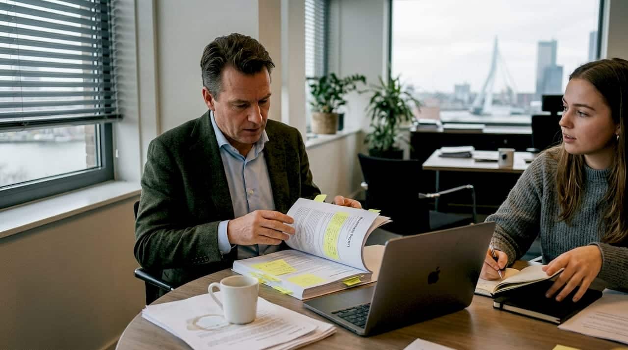 Een team zit samen aan een ronde tafel om nieuwe ideeën te bespreken.