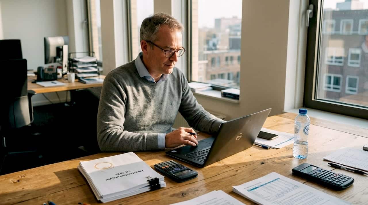 In een zonnig hoekkantoor buigt een bedrijfsadviseur zich over spreadsheets om de cijfers grondig te analyseren.
