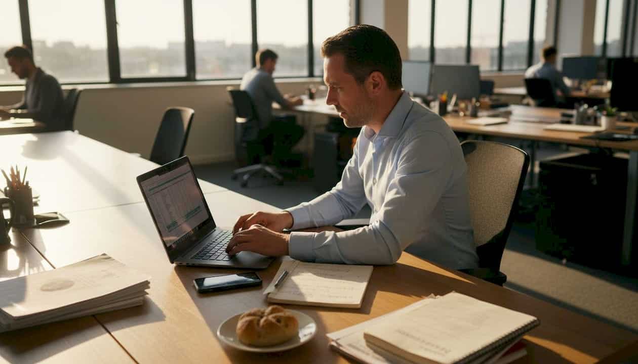 Een administratief medewerker zit aan zijn bureau geconcentreerd te werken in een spreadsheet.