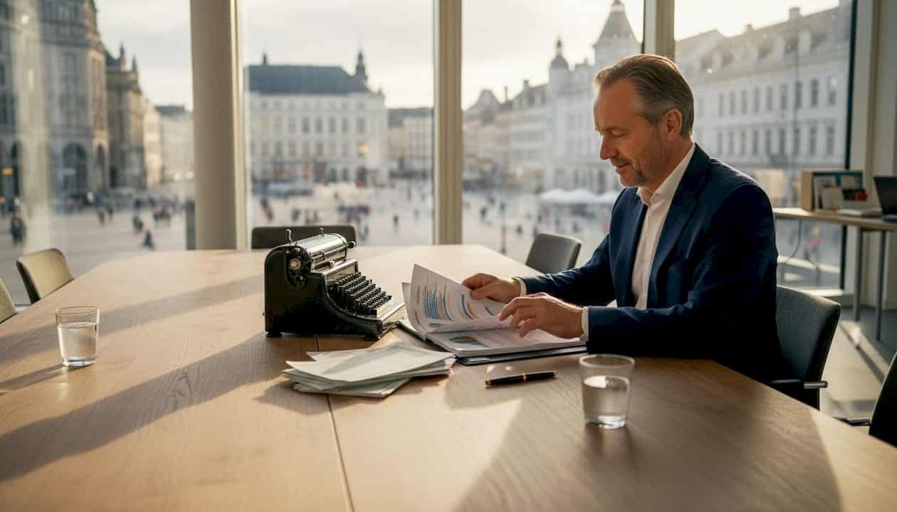 Op kantoor verdiept een man zich in een rapport over obligaties.