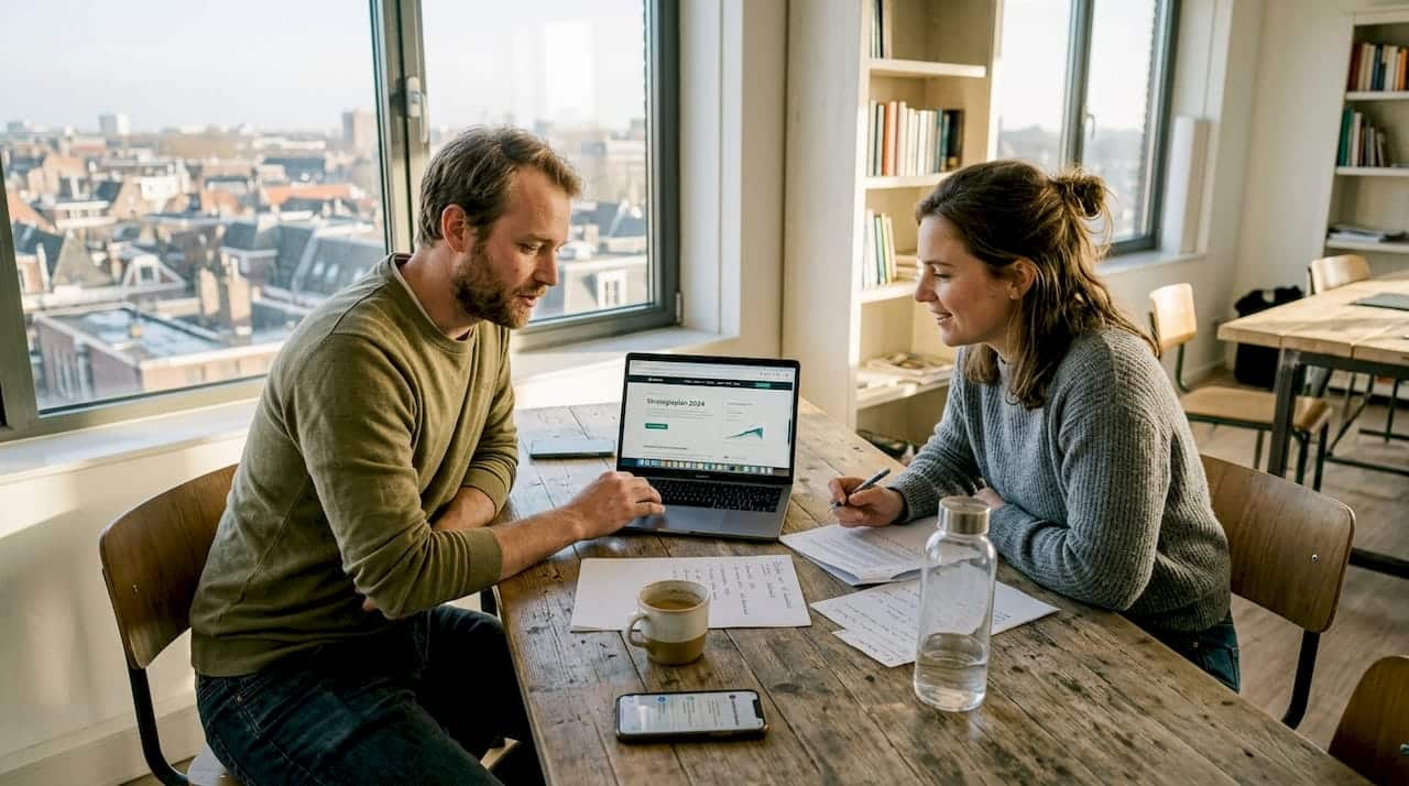 Oprichters van een startup overleggen samen op kantoor over de koers van hun bedrijf.