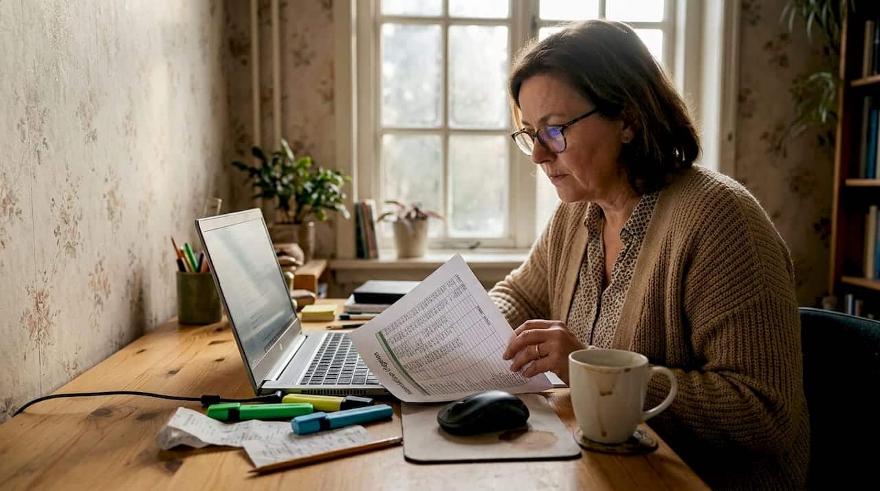 Vrouw bekijkt haar uitgaven aan de keukentafel in haar thuiskantoor