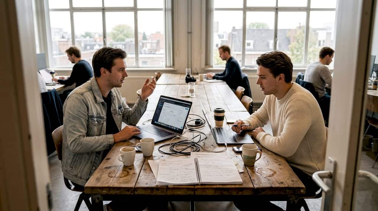 Twee medeoprichters bespreken hun plannen aan de vergadertafel.