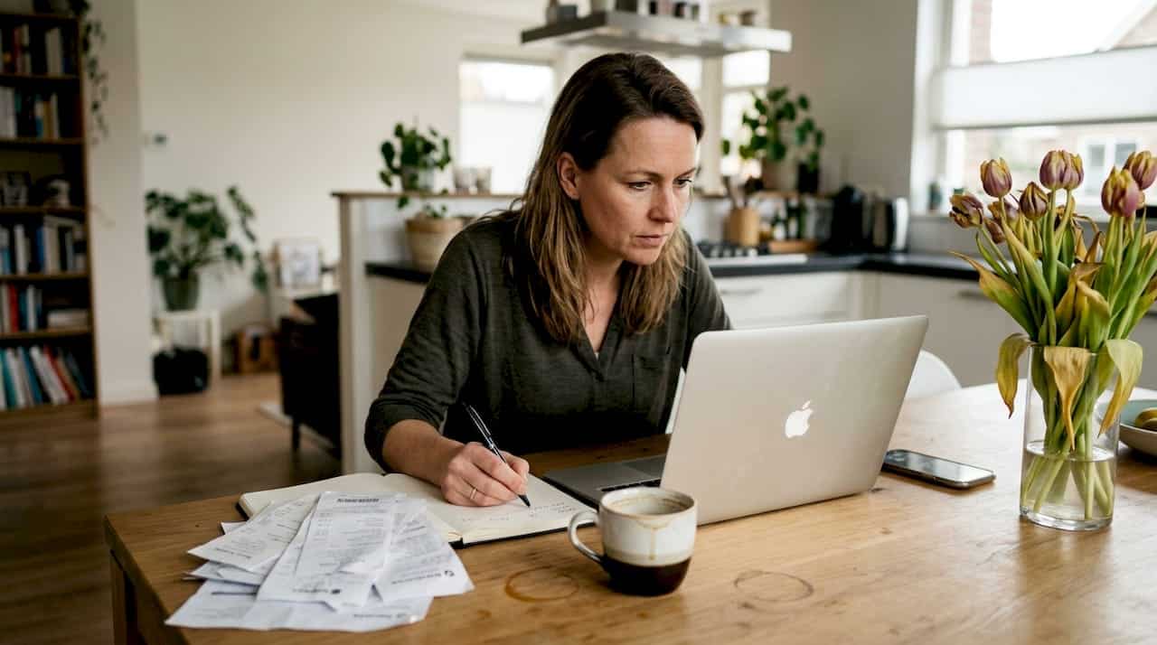 Een ondernemer zit thuis achter zijn laptop en werkt aan de boekhouding.
