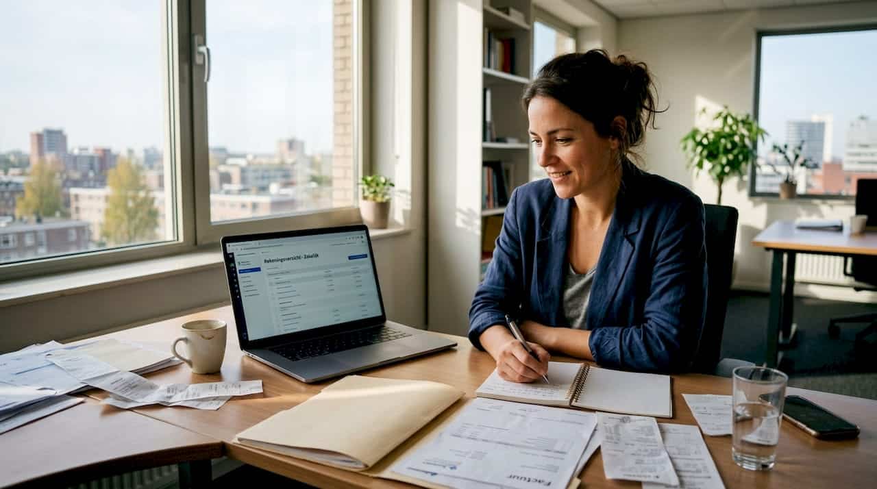 Een ondernemer verdiept zich achter zijn bureau in de mogelijkheden voor bedrijfsfinanciering.