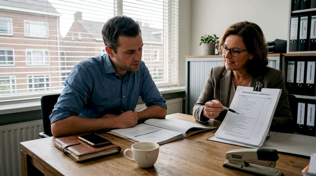 Een ondernemer bespreekt samen met een adviseur de zakelijke documenten door.