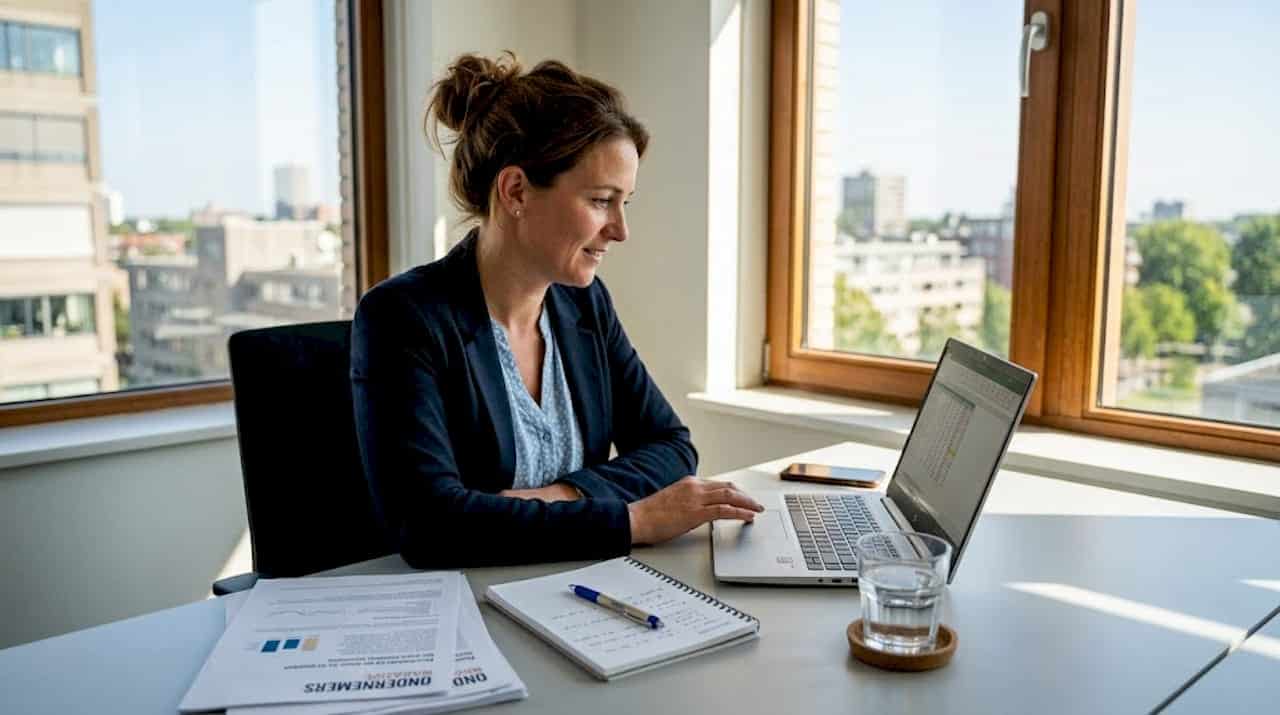 Een ondernemer buigt zich over de cijfers achter zijn bureau.
