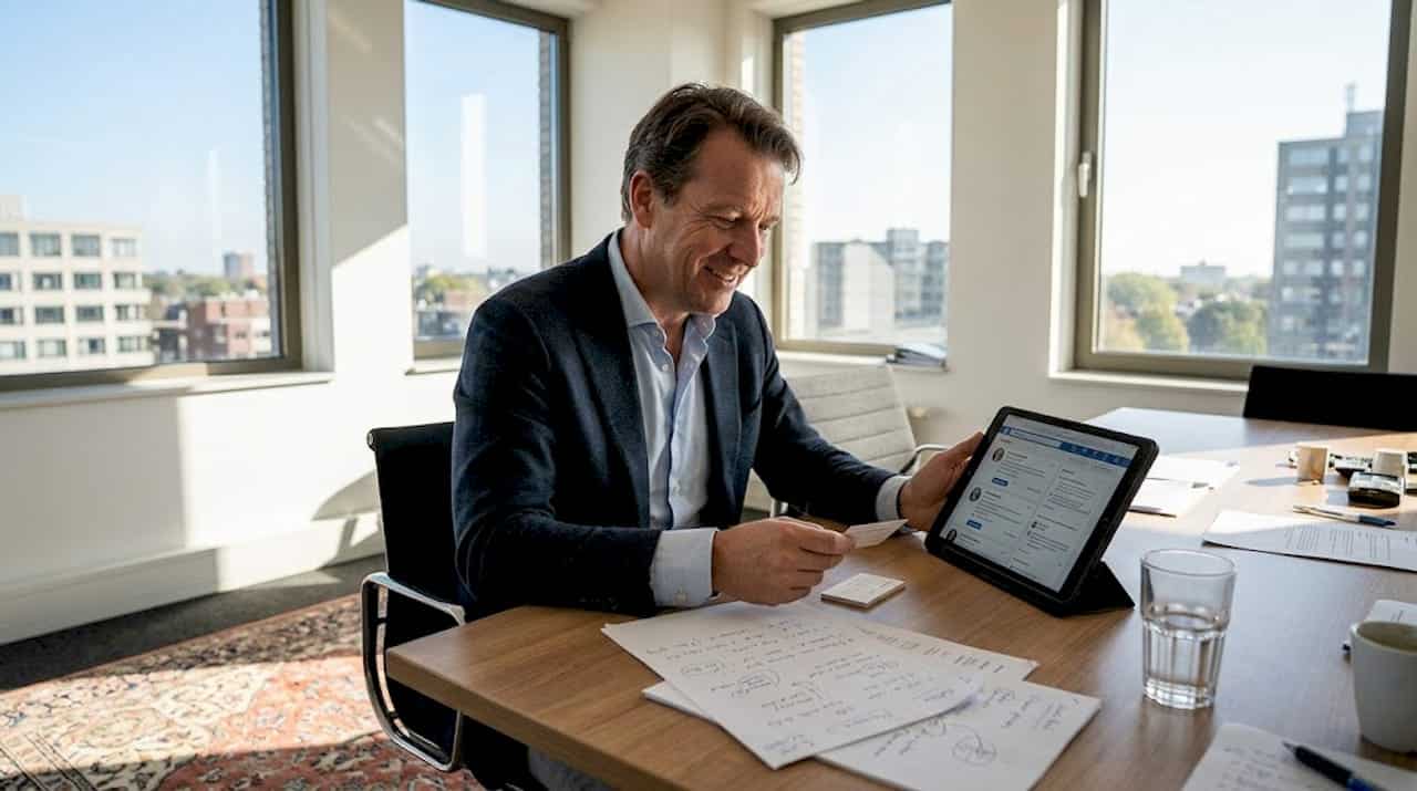 Man bekijkt visitekaartjes aan een vergadertafel