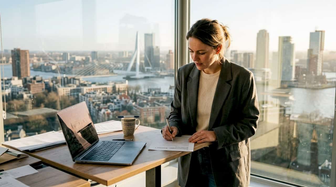 Een ondernemer werkt aan zijn strategie in een kantoor midden in de stad.