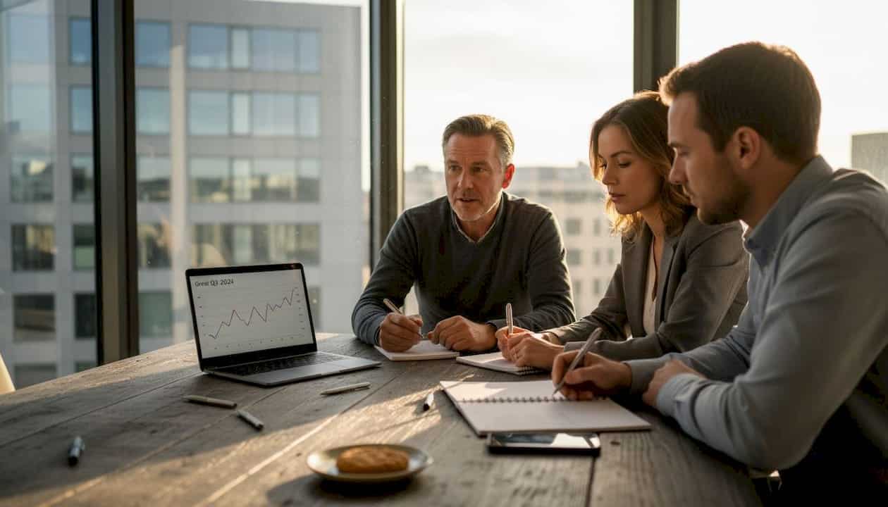 Het team komt samen op kantoor om de plannen voor groei te bespreken.
