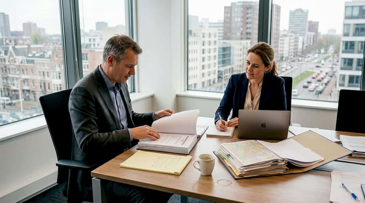 Op kantoor buigen twee collega’s zich samen over nieuwe regelgeving.