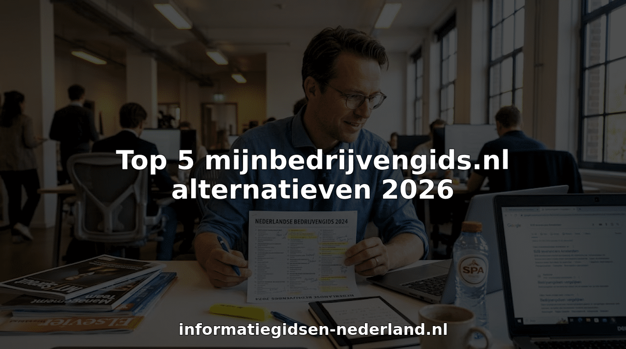 Een professional die aan zijn bureau bedrijvengidsen doorzoekt om zakelijke kansen te ontdekken.