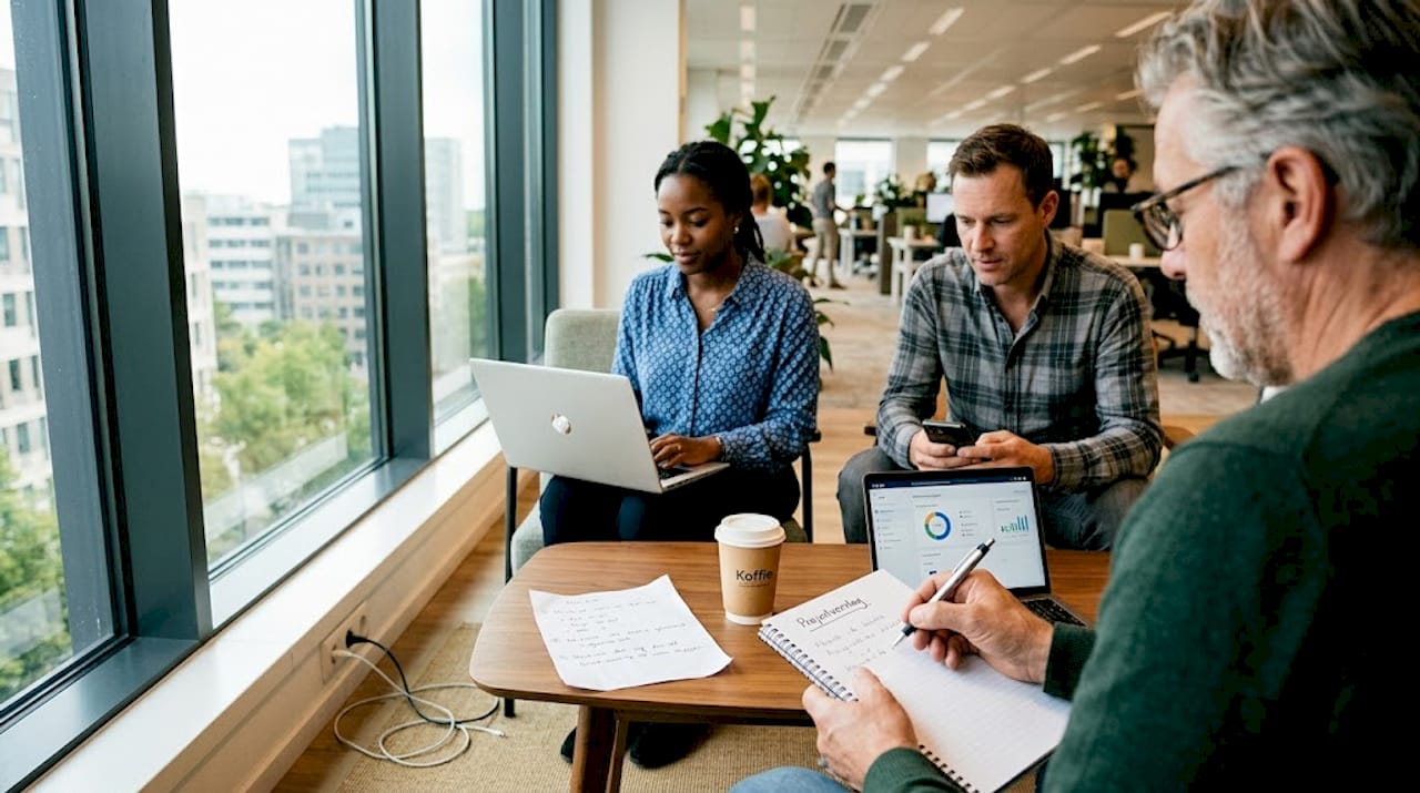 Op kantoor werkt het team gezamenlijk aan een innovatief AI-project.