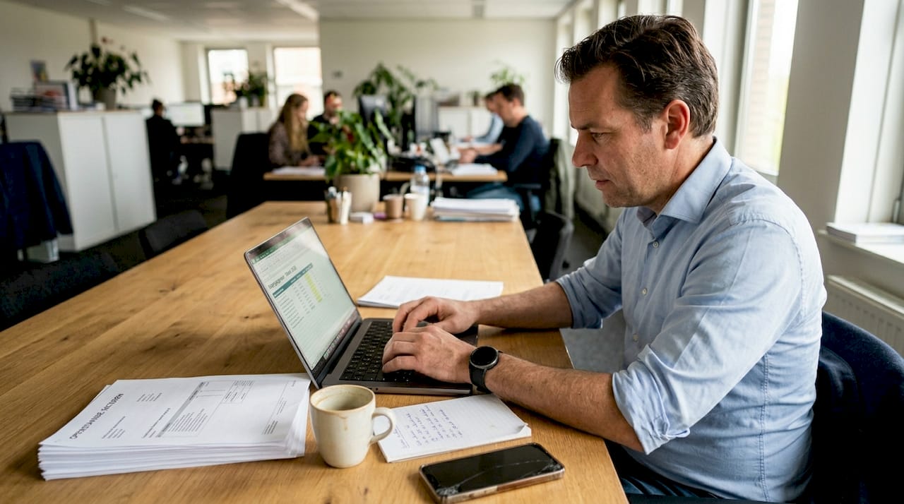 Een mkb-ondernemer zit geconcentreerd achter zijn laptop aan de keukentafel te werken.