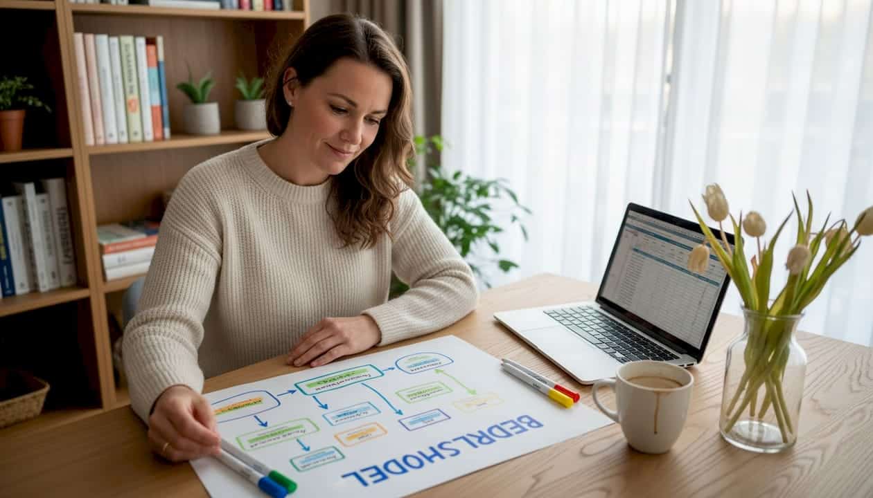 Een ondernemer denkt na over zijn bedrijfsmodel aan een klein bureau.