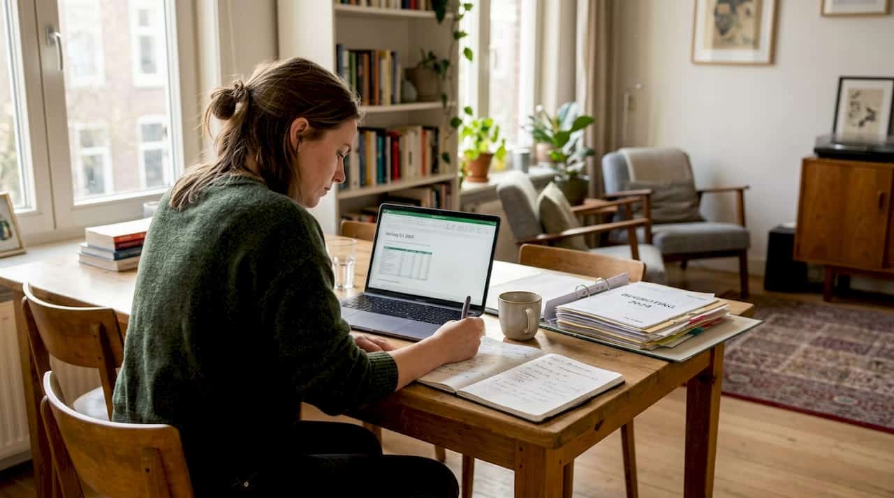 Een vrouw is thuis aan het werk aan de eettafel.
