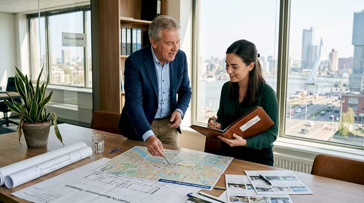 Een adviseur buigt zich samen met het team over de vastgoedstrategie op kantoor.