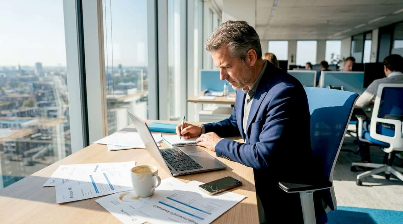 Een ondernemer zit geconcentreerd aan zijn bureau, omringd door stapels papierwerk.