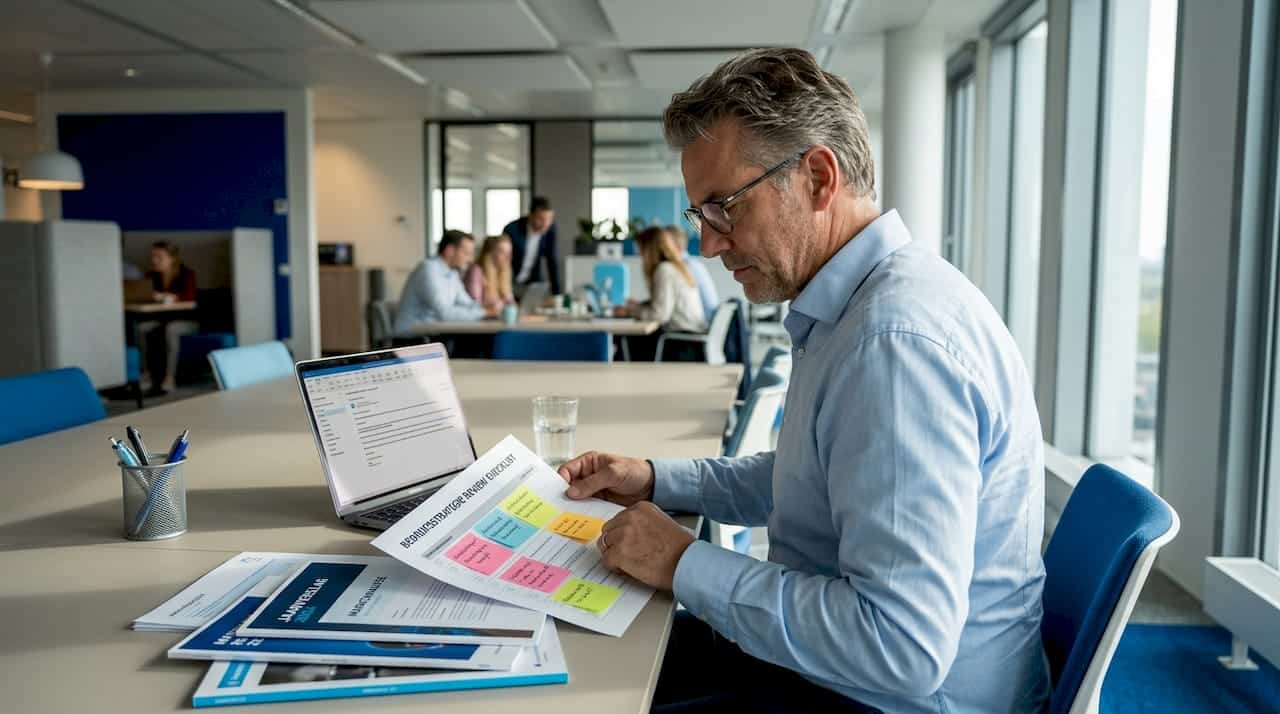 Een bedrijfsadviseur loopt de checklist door aan de vergadertafel.