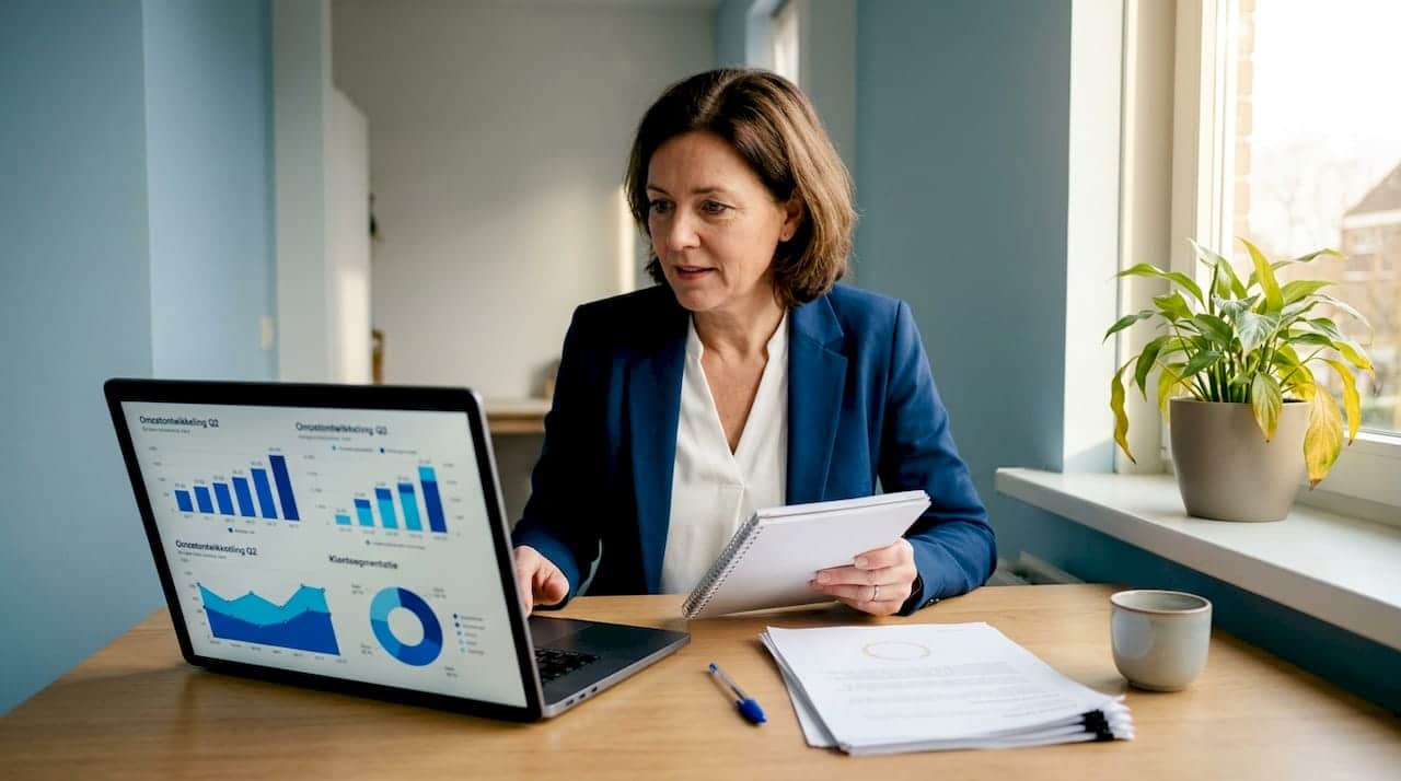Een ondernemer analyseert marktontwikkelingen vanuit zijn thuiswerkplek.
